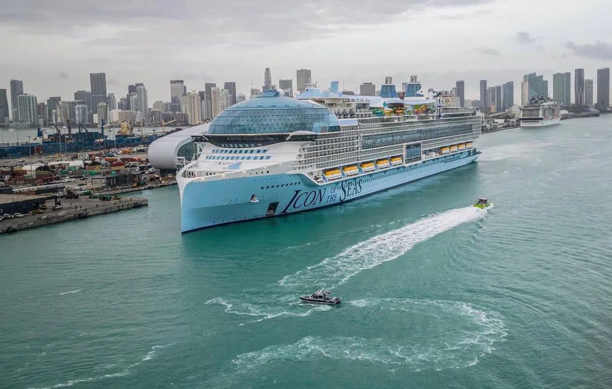 Royal Caribbeanís Icon of the Seas, the world's largest cruise ship heads to the dock early Wednesday morning during its first arrival into PortMiami on Jan. 10, 2024. ((Pedro Portal/El Nuevo Herald/TNS) 