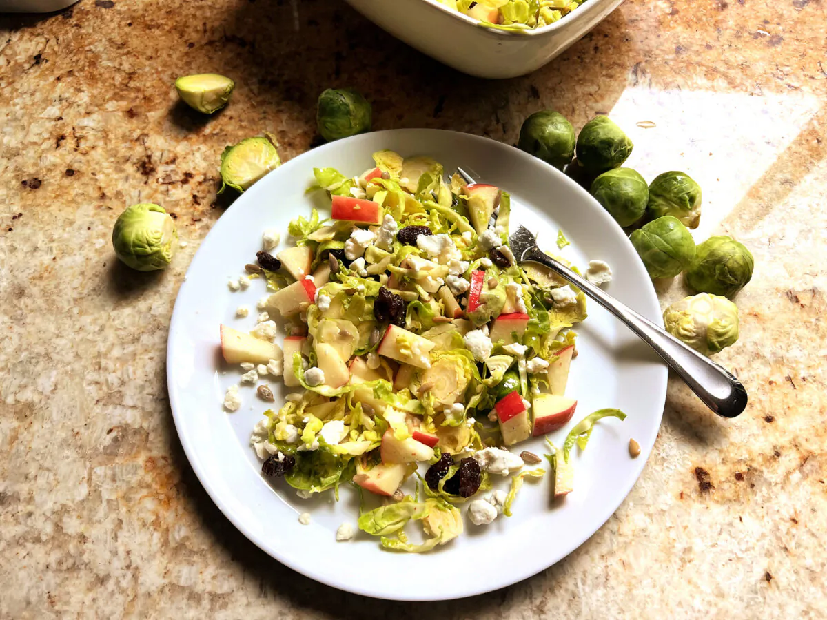 Shaved Brussels sprouts team up with chopped apple and a citrusy dressing in this healthful salad. (Gretchen McKay/Post-Gazette)