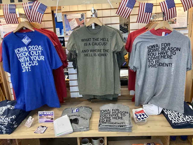 Iowa caucus-related T-shirts hadn’t been moved to the discount rack yet the day after the Jan. 15 first-in-the-nation presidential preference vote at Rayguns in downtown Des Moines’ East Village, which reported slower than anticipated sales with only Republicans meeting to cast in-person ballots. (John Haughey/The Epoch Times)