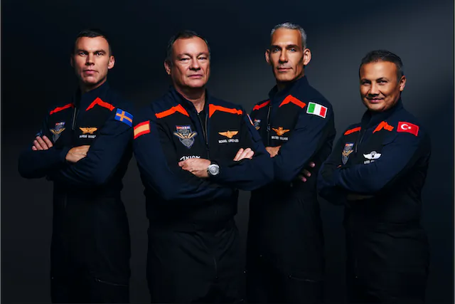 Axiom Space Ax-3 Prime Crew Mission Specialist Marcus Wandt (L), Commander Michael Lopez-Alegria (2nd L), Pilot Walter Villadei (2nd R), and Mission Specialist Alper Gezeravcı (R), before their launch at Kennedy Space Center, Fla., on Jan. 18, 2024. (Courtesy of Axiom Space).