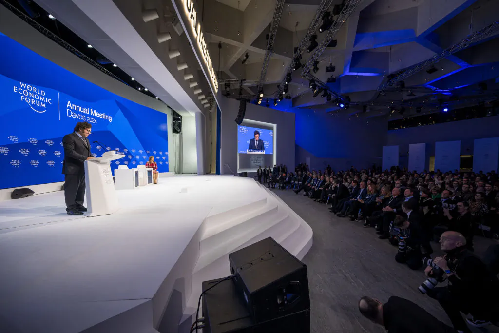 Argentine President Javier Milei delivers a speech at the World Economic Forum meeting in Davos, Switzerland, on Jan. 17, 2024. (Fabrice Coffrini/AFP via Getty Images)