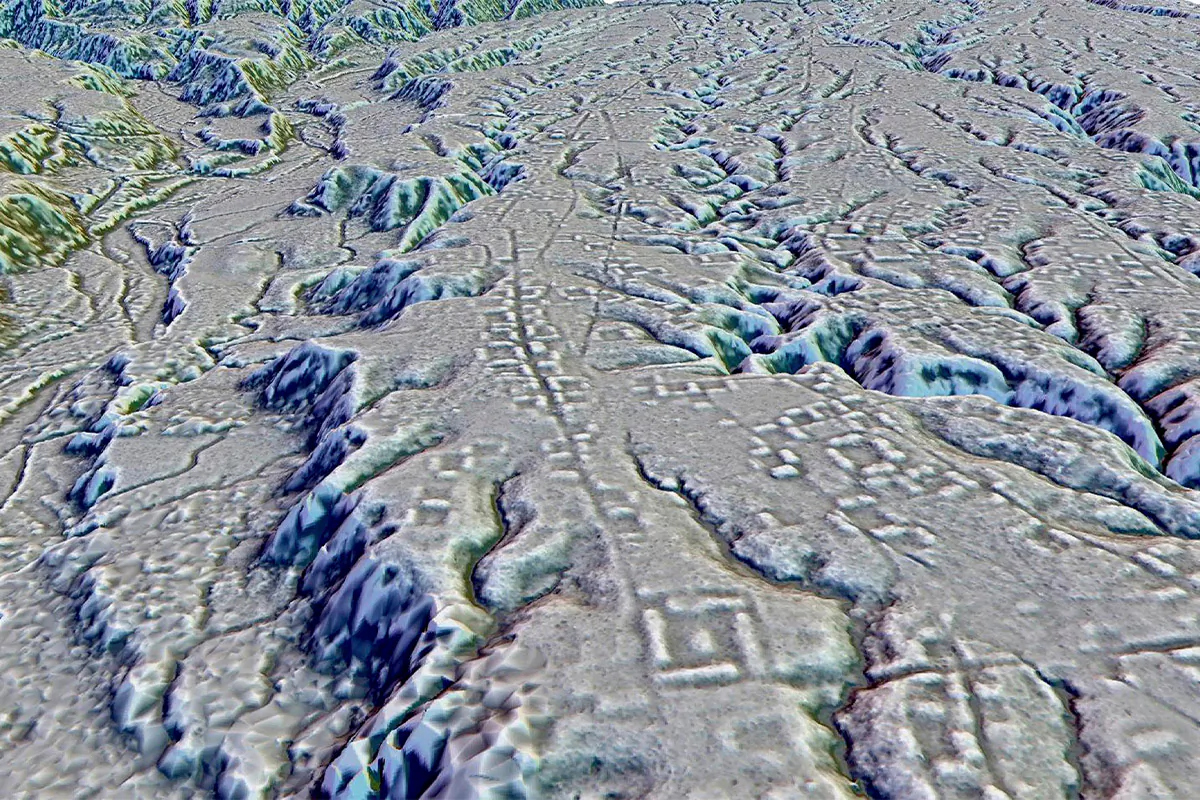 A Lidar image shows complexes of rectangular platforms arranged around low squares and distributed along wide dug streets at the Kunguints site in Upano Valley, Ecuador. (Antoine Dorison, Stéphen Rostain via AP)