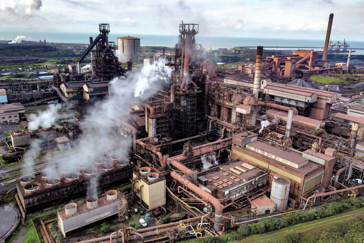 An aerial view of the blast furnaces at Tata Steel's steelworks in Port Talbot, Wales on Sep. 15, 2023. (Ben Birchall/PA Wire)