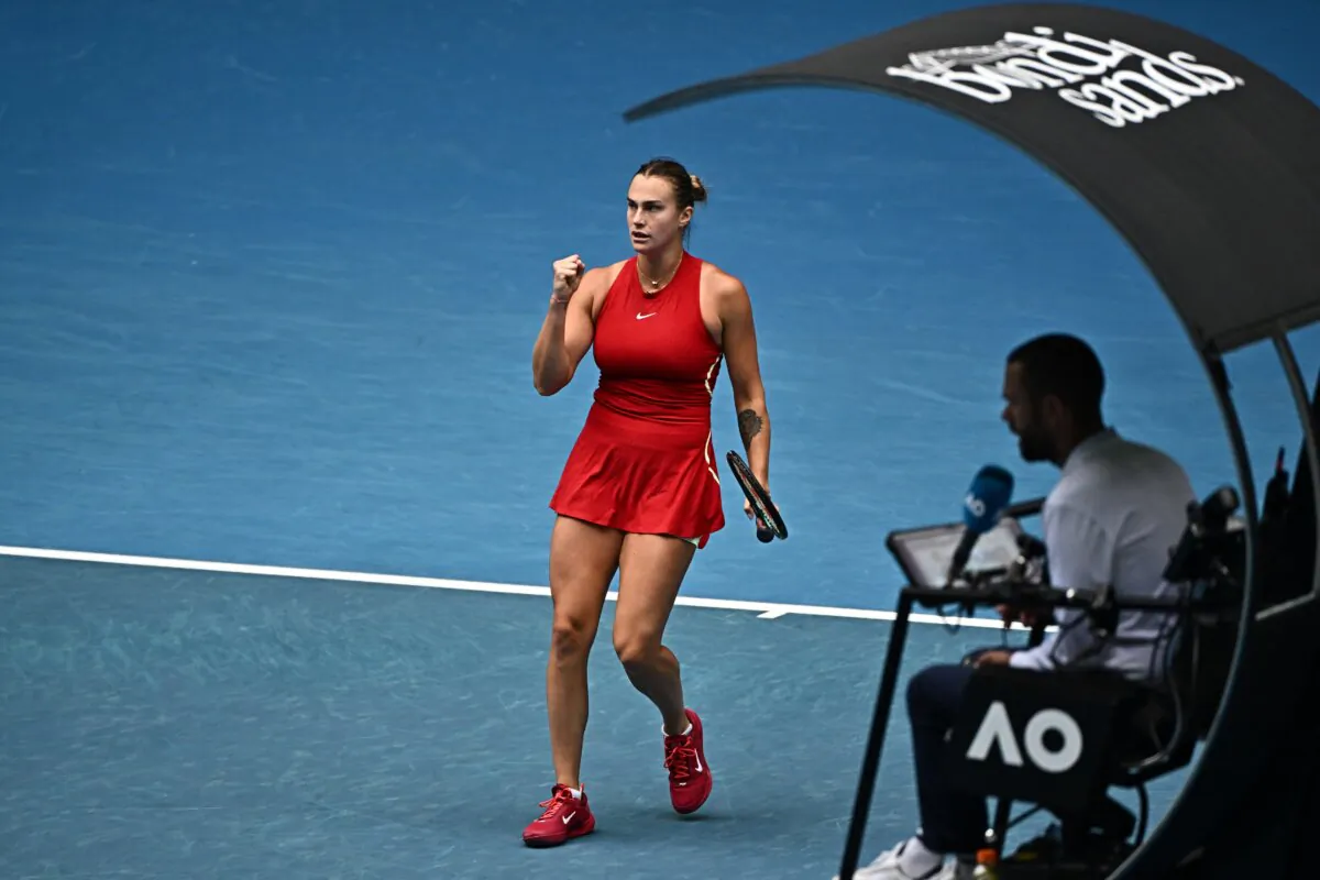 Belarus' Aryna Sabalenka reacts after a point against Ukraine's Lesia Tsurenko during their women's singles match on day six of the Australian Open tennis tournament in Melbourne on Jan. 19, 2024. (Lillian Suwanrumpha/AFP)