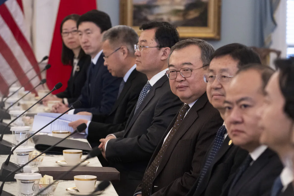 Chinese International Liaison Department Minister Liu Jianchao (4th R) meets with US Secretary of State Antony Blinken at the State Department in Washington, D.C., on Jan. 12, 2024. (Roberto Schmidt/AFP)
