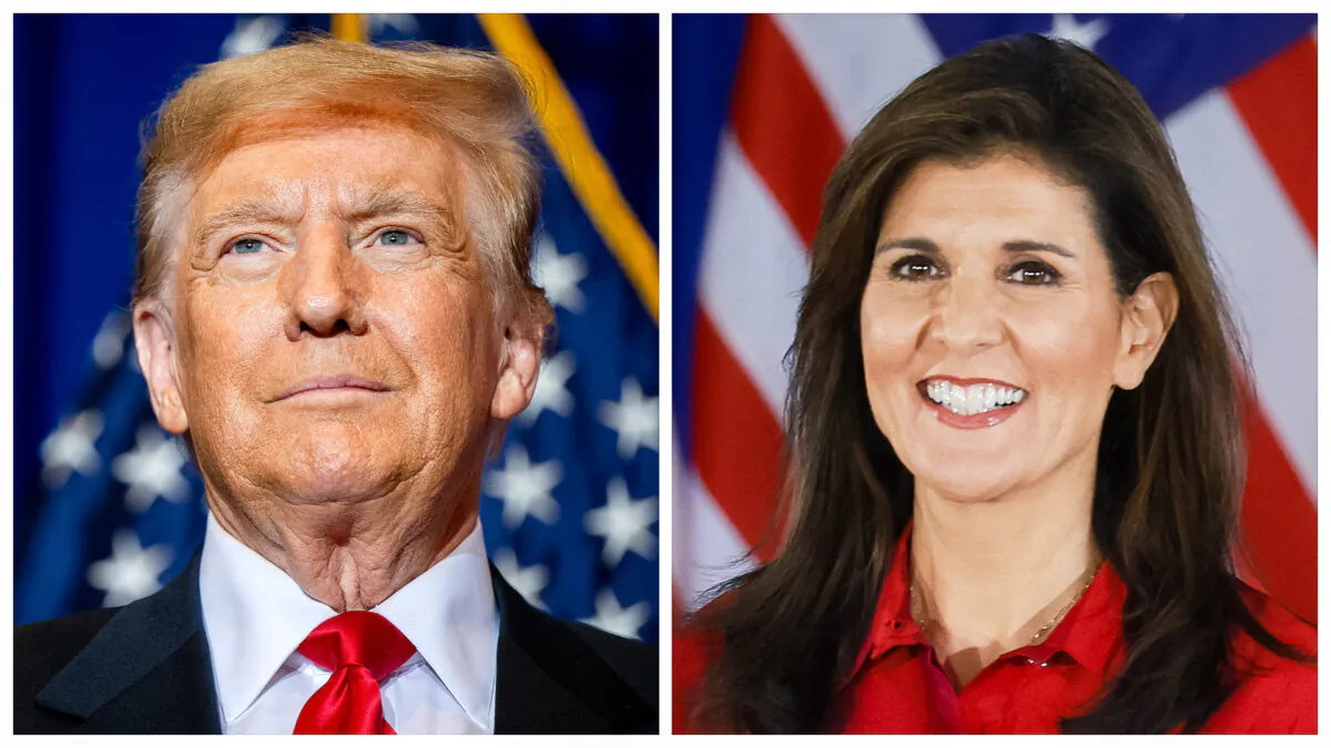 (Left) Former President Donald Trump in Atkinson, N.H., on Jan. 16, 2024. (Right) Former U.N. ambassador Nikki Haley in West Des Moines, Iowa, on Jan. 15, 2024. (Brandon Bell, Joe Raedle/Getty Images)