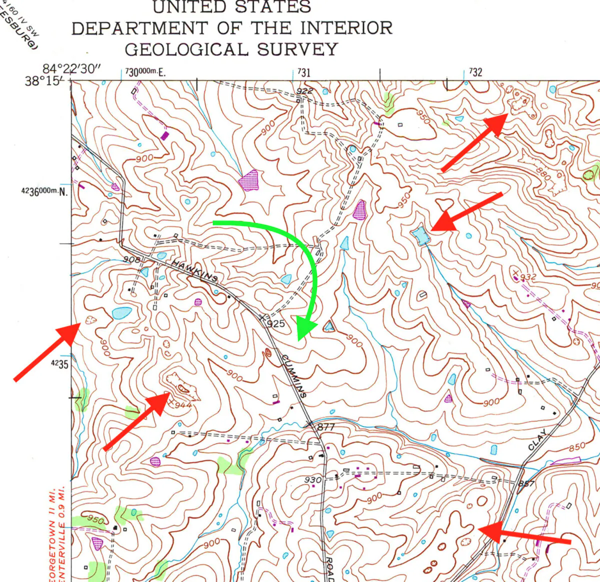 This topographic map should get your attention. The red arrows point to sinkholes that can cause serious structural damage to the average home. (United States Geological Survey/TNS)