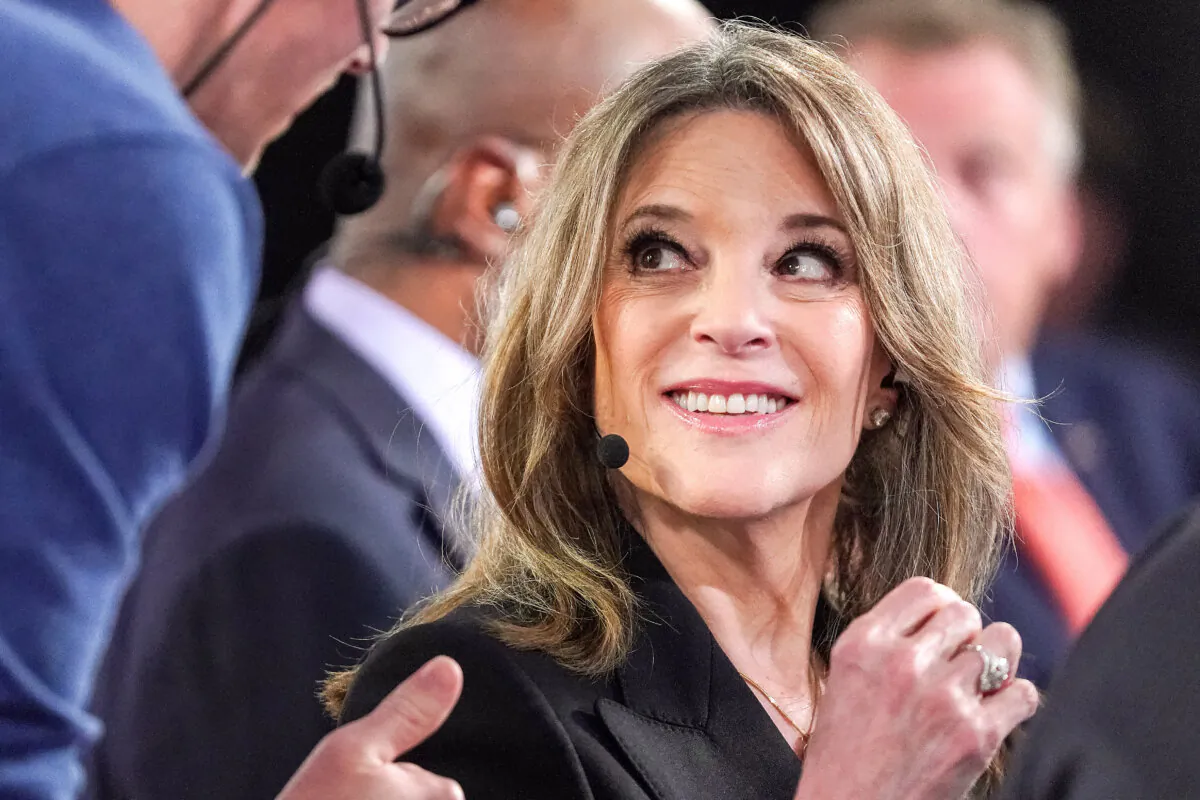 Democratic candidate Marianne Williamson prepares for a television interview after the Democratic presidential debate at the Fox Theatre in Detroit, Mich., on July 30, 2019. (Scott Olson/Getty Images)