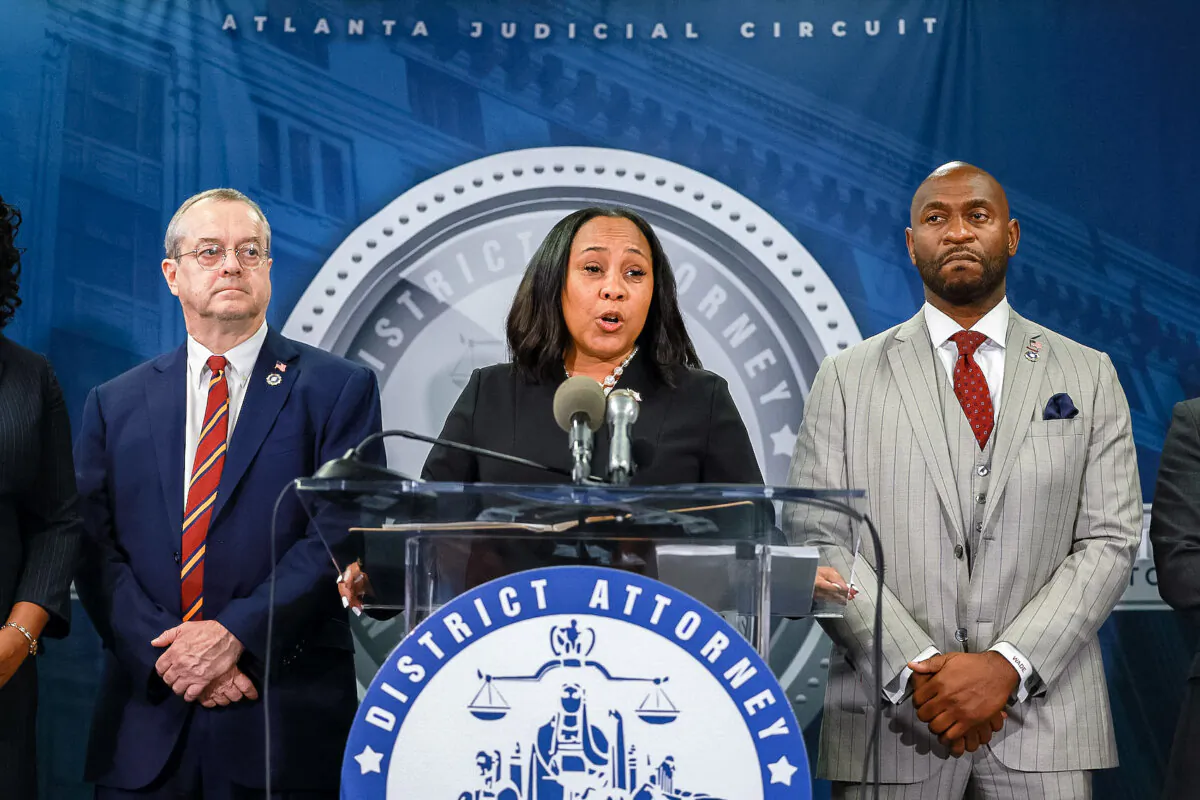 Fulton County District Attorney Fani Willis speaks during a news conference at the Fulton County Government building in Atlanta, on Aug. 14, 2023. (Joe Raedle/Getty Images)