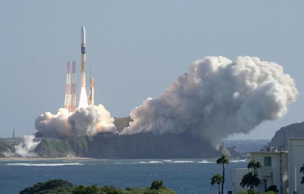 H-IIA rocket carrying the national space agency's moon lander is launched at Tanegashima Space Center on the southwestern island of Tanegashima, Japan, in on Sept. 7, 2023. (Kyodo/via Reuters)