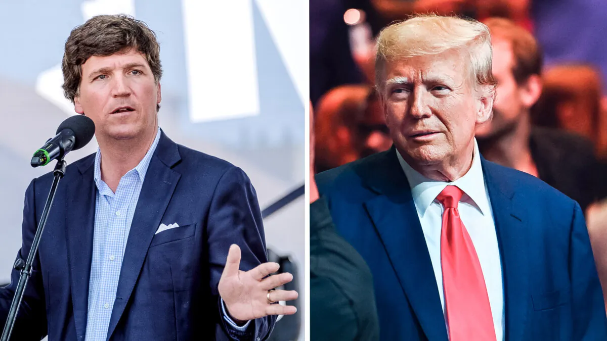 Tucker Carlson (L) speaks during the Mathias Corvinus Collegium (MCC) Feszt in Esztergom, Hungary, on Aug. 7, 2021. (Janos Kummer/Getty Images); Former President Donald Trump (R) attends the Ultimate Fighting Championship (UFC) 287 mixed martial arts event at the Kaseya Center in Miami, Fla., on April 8, 2023. (Chandan Khanna/AFP via Getty Images)