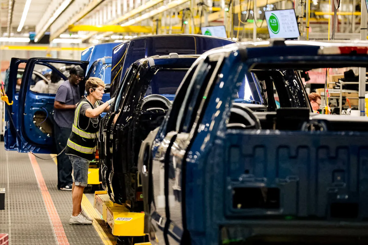 Ford Motor Company's electric F-150 Lightning on the production line at their Rouge Electric Vehicle Center in Dearborn, Mich., on
Sept. 8, 2022. (Jeff Kowalsky/AFP via Getty Images)