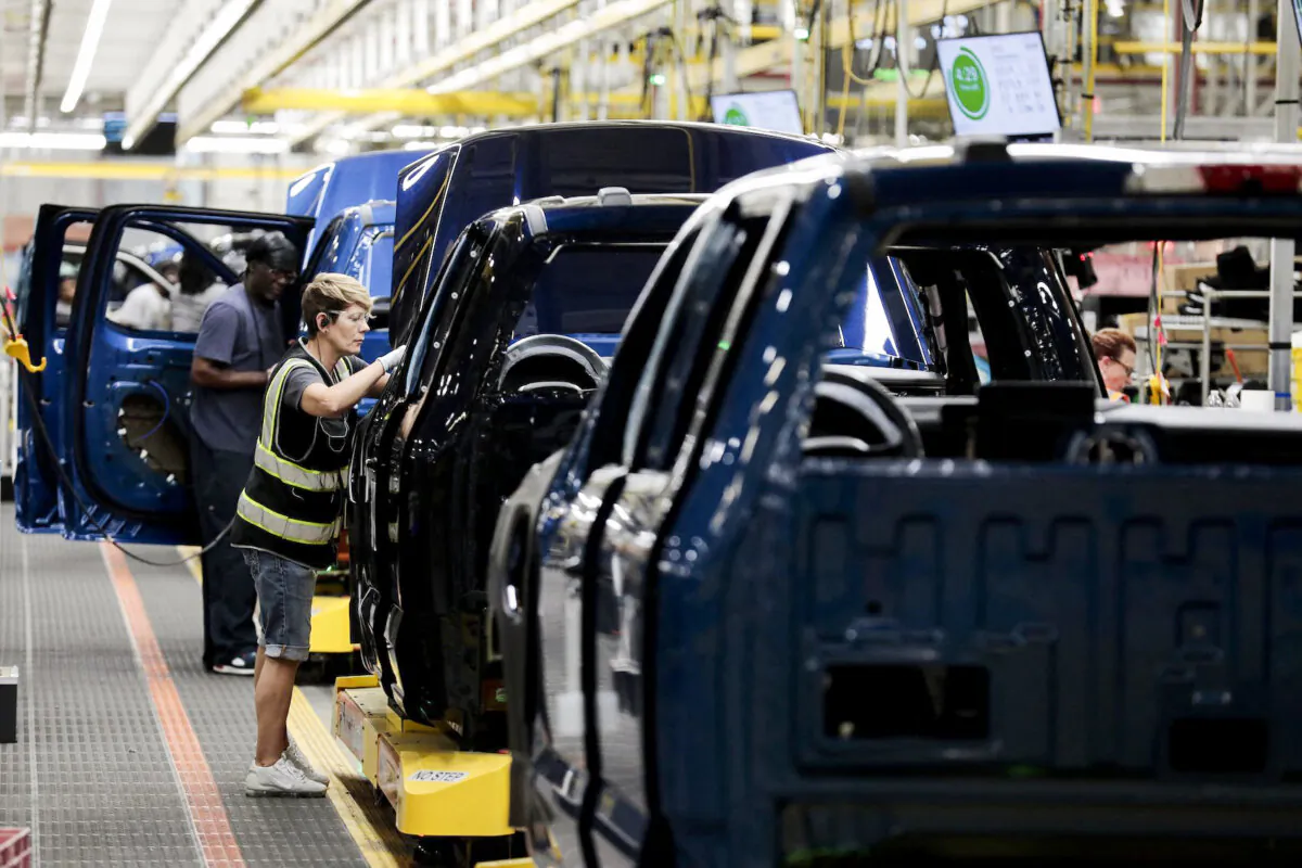 Ford Motor Company's electric F-150 Lightning on the production line at their Rouge Electric Vehicle Center in Dearborn, Mich., on Sept. 8, 2022. (Jeff Kowalsky/AFP via Getty Images)