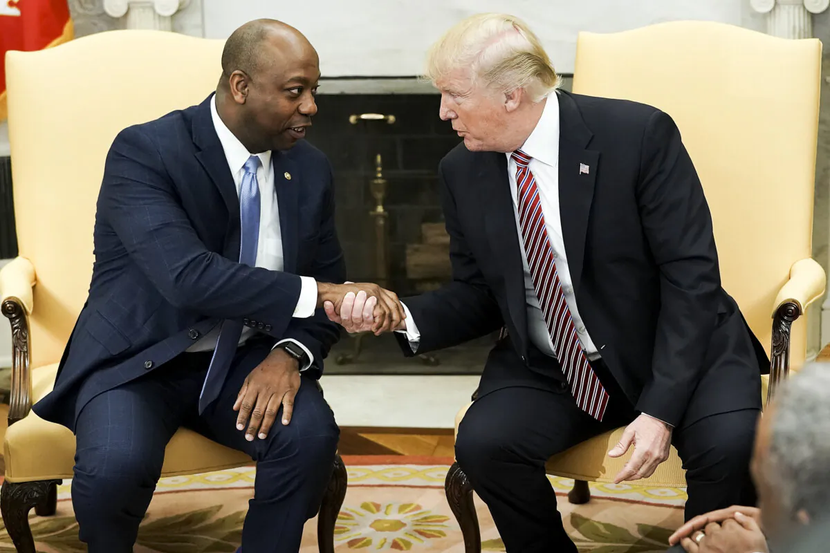 President Donald Trump shakes hands with Sen. Tim Scott at the White House during a working session on opportunity zones, on Feb. 14, 2018. (Photo by Alex Wong/Getty Images)