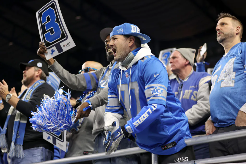 Detroit Lions fans react during the first half against the Los Angeles Rams in the NFC Wild Card Playoffs at Ford Field in Detroit, Mich., on Jan. 14, 2024. (Gregory Shamus/Getty Images)