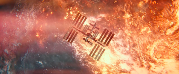 a spaceship and a fiery background in I.S.S. 
