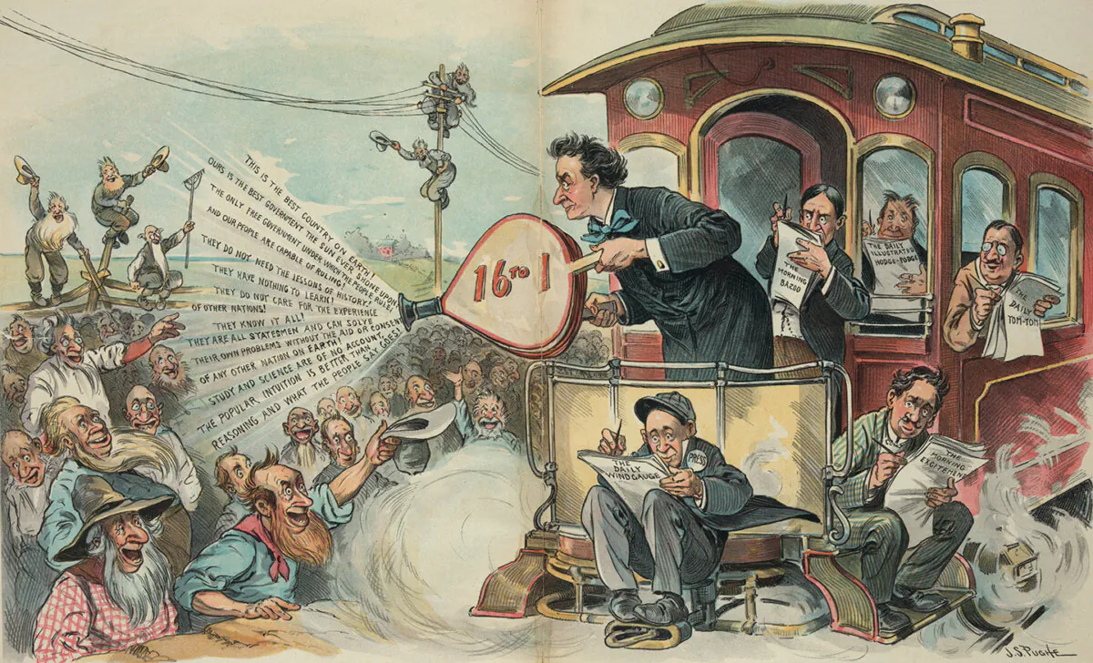 A print from Puck magazine of William Jennings Bryan standing on the back of a railroad caboose, 1896, by John S. Pughe. Library of Congress. (Public Domain)
