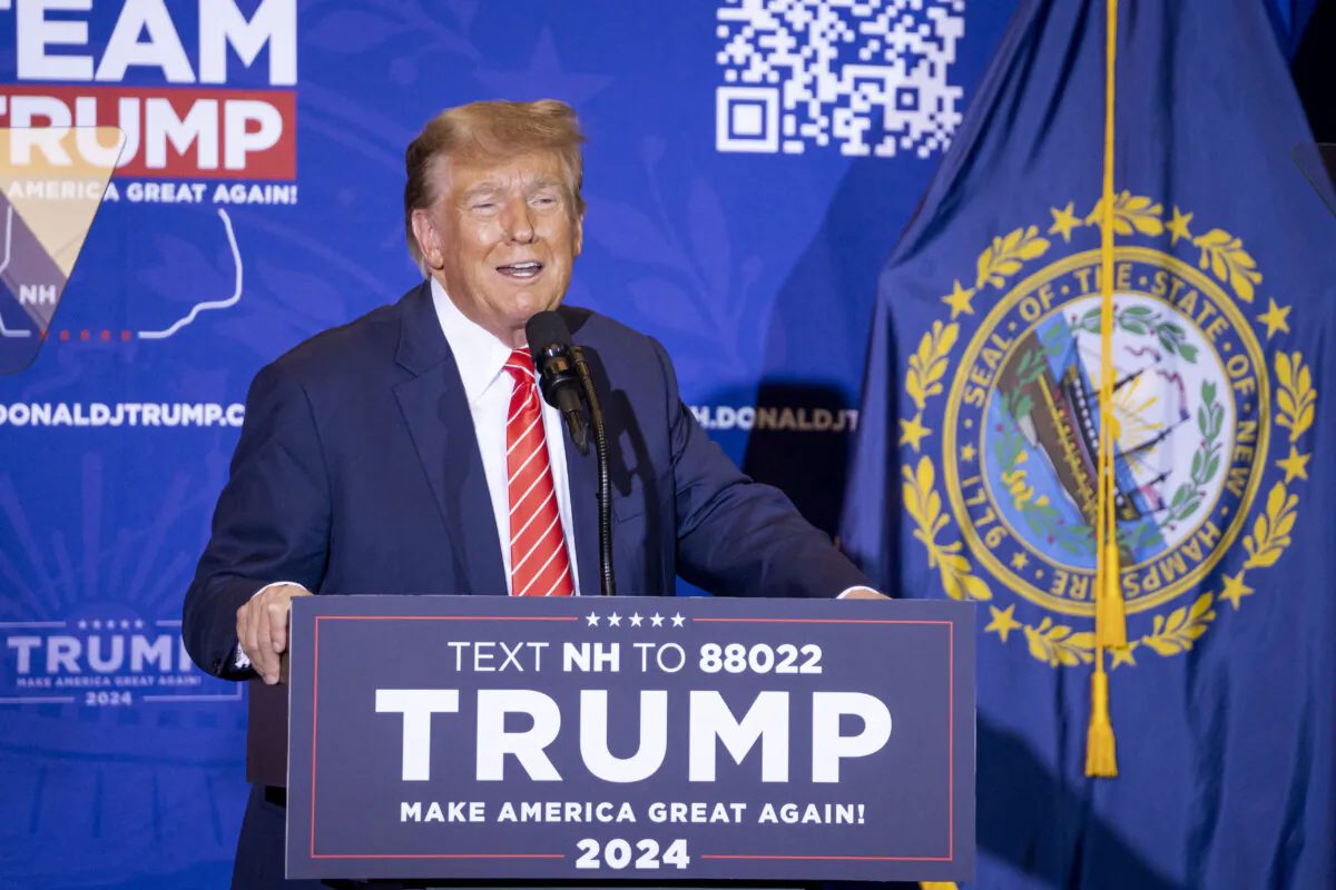 Republican presidential candidate and former President Donald J. Trump speaks during a campaign event in Concord, N.H., on Jan. 19, 2024. (Madalina Vasiliu/The Epoch Times)