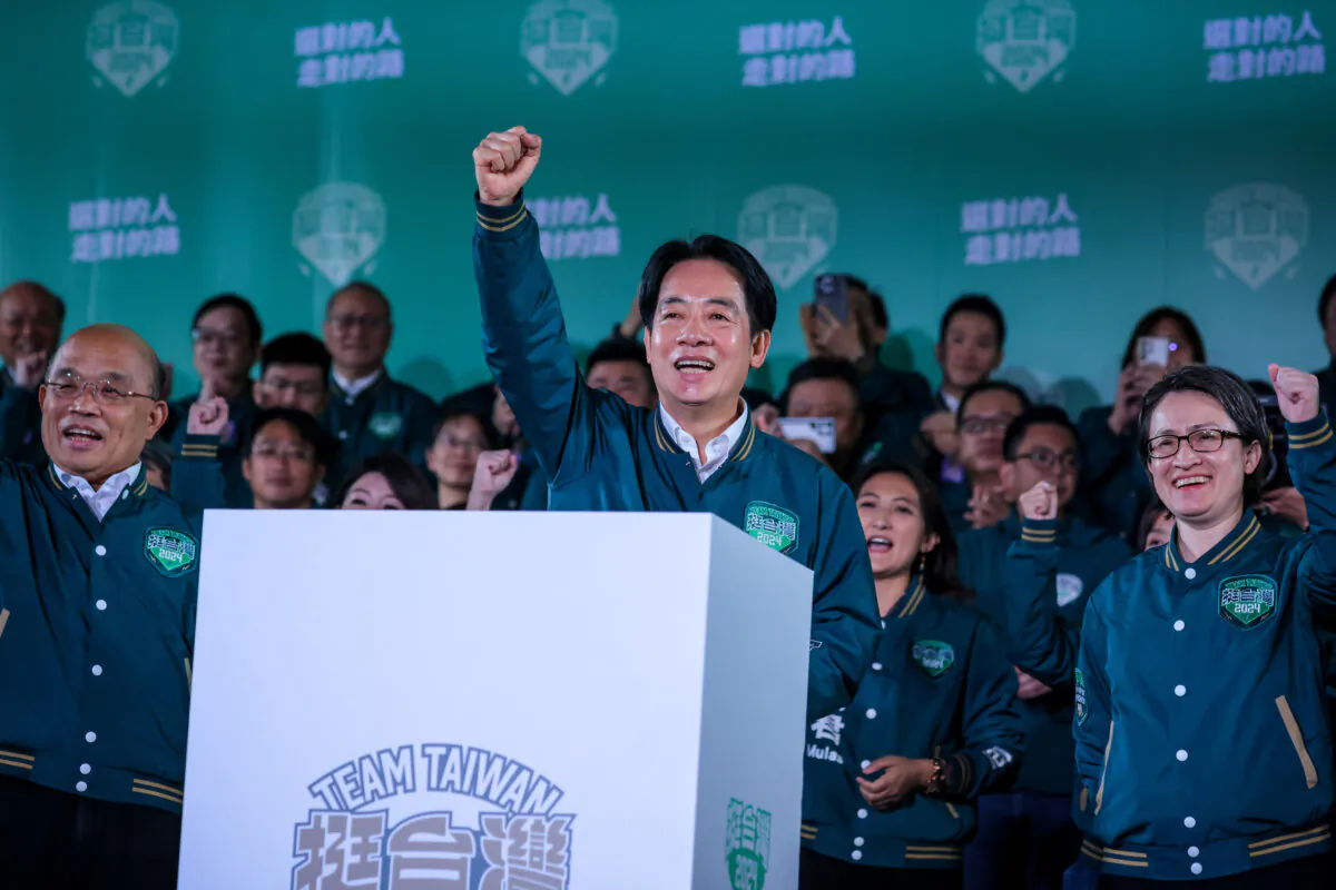 Taiwan's vice president and president-elect from the Democratic Progressive Party (DPP), Lai Ching-te (C), speaks to supporters at a rally at the party's headquarters in Taipei on Jan. 13, 2024. (Annabelle Chih/Getty Images)