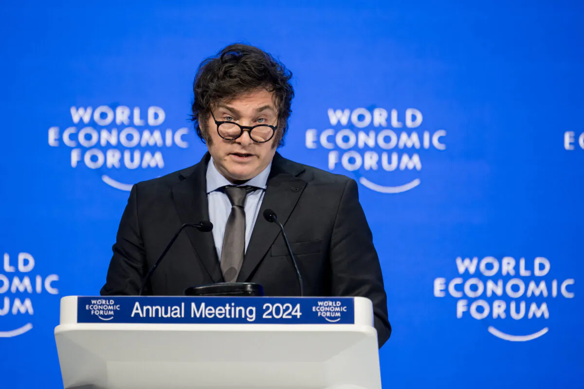 Argentina's President Javier Milei delivers a speech at the World Economic Forum (WEF) meeting in Davos on Jan. 17, 2024. (Fabrice Coffrini/AFP via Getty Images)
