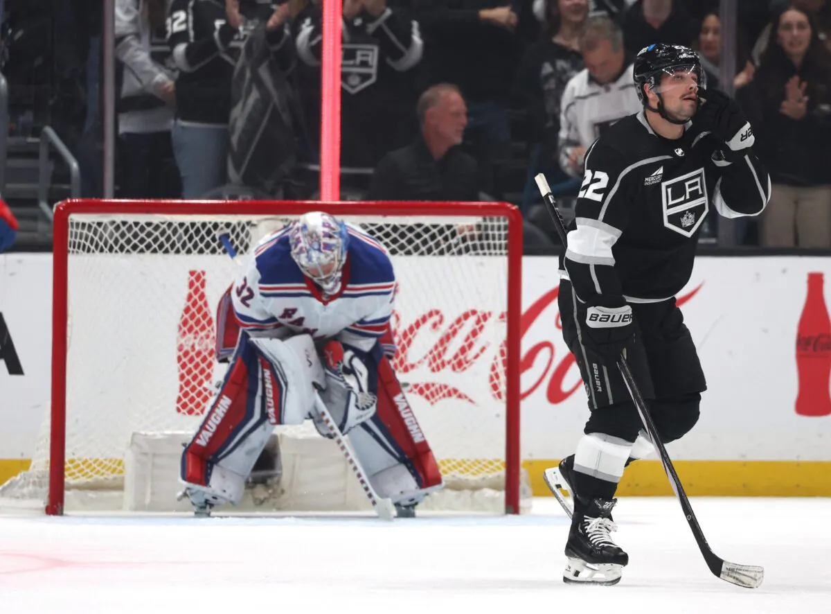 Kevin Fiala (22) of the Los Angeles Kings reacts to his goal as he skates past Jonathan Quick (32) of the New York Rangers during the first period in Los Angeles on Jan. 20, 2024. (Harry How/Getty Images)