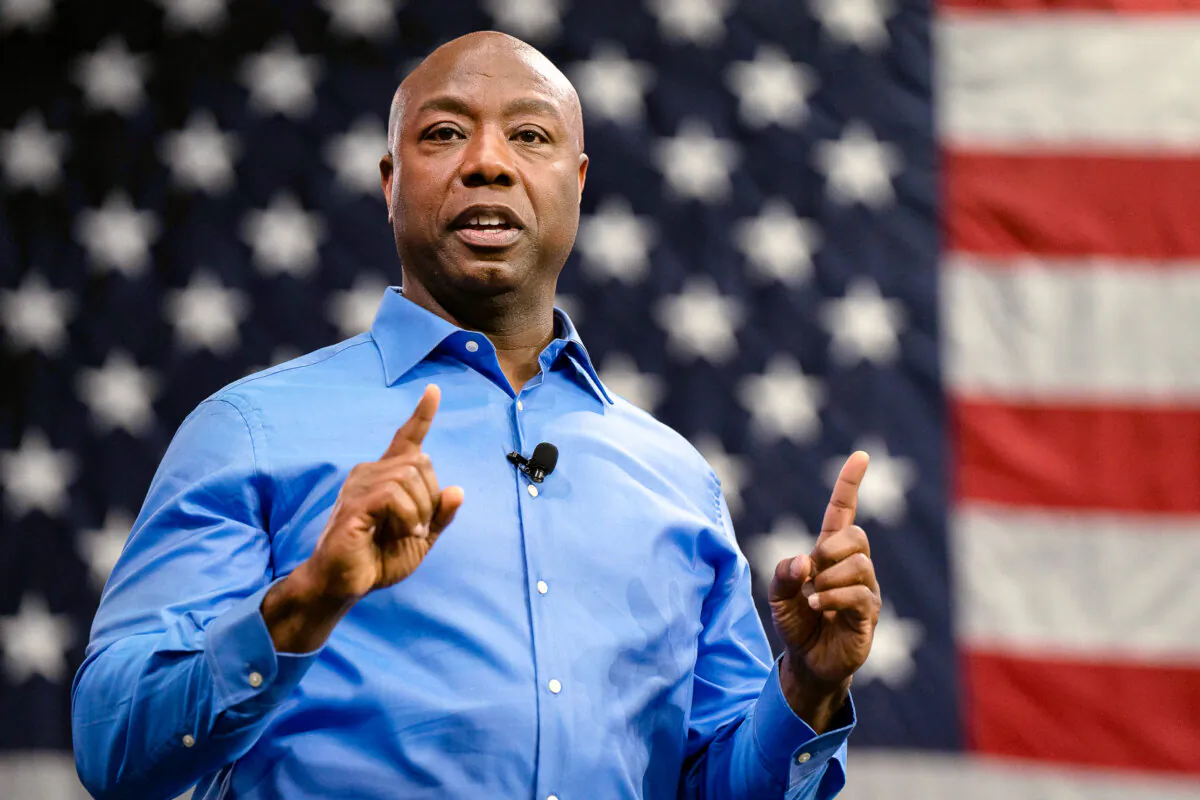 Sen. Tim Scott (R-S.C.) announces his run for the 2024 Republican presidential nomination at an event in north Charleston, S.C., on May 22, 2023. (Allison Joyce/Getty Images)