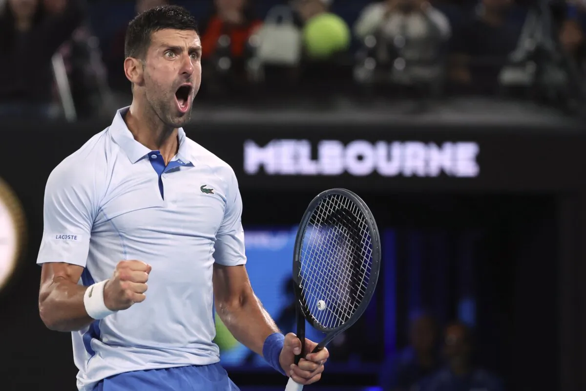 Novak Djokovic of Serbia reacts during his fourth round match against Adrian Mannarino of France at the Australian Open tennis championships at Melbourne Park in Melbourne, Australia, on Jan. 21, 2024. (Asanka Brendon Ratnayake/AP Photo)