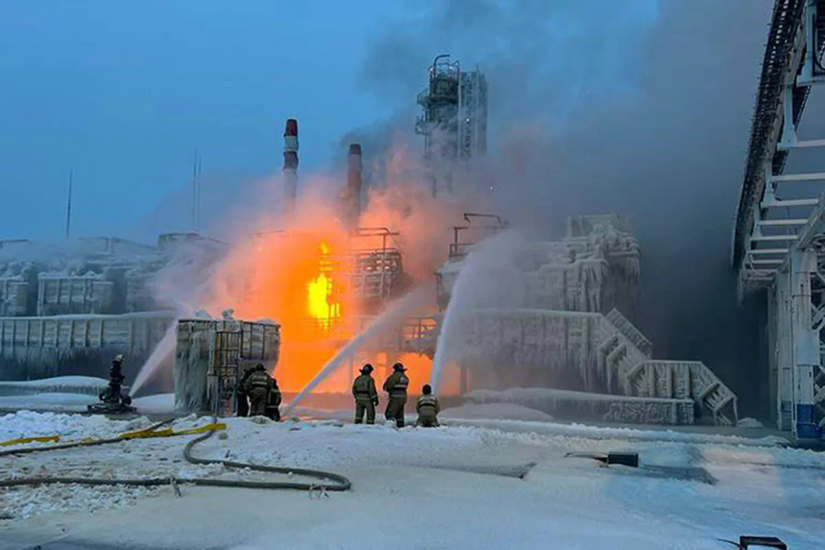 Fire fighters extinguish the blaze at Russia's second-largest natural gas producer Novatek in Ust-Luga, 165 kilometers southwest of St. Petersburg, Russia, on Jan. 21, 2024. (Telegram Channel of Leningrad Region Governor Alexander Drozdenko via AP)