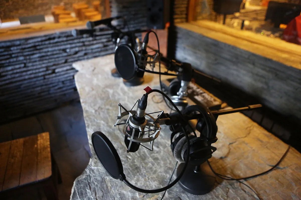 Microphones and other equipment in a recording room in a file photo. (Taylor Weidman/Getty Images)