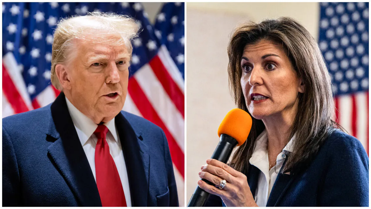 (Left) Former President Donald Trump in New York on Jan. 17, 2024. (Right) Former U.S. Ambassador to the U.N. Nikki Haley in Manchester, N.H., on Jan. 19, 2024. (Alexi J. Rosenfeld, Joseph Prezioso/AFP via Getty Images)