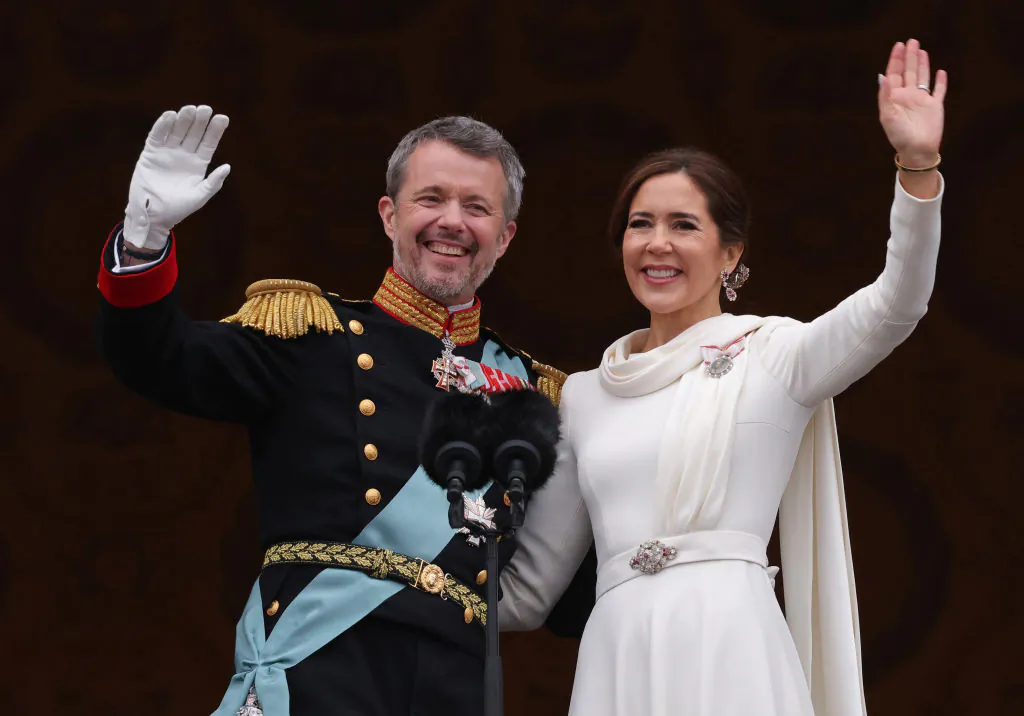 Danish King Frederik X and Queen Mary wave from the balcony of Christiansborg Palace shortly after his proclamation in Copenhagen, Denmark, on Jan. 14, 2024. (Sean Gallup/Getty Images)