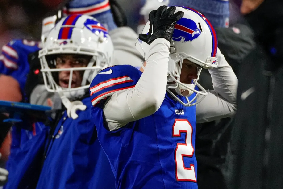 Buffalo Bills place kicker Tyler Bass (2) reacts after missing a field goal against the Kansas City Chiefs during the fourth quarter of an NFL AFC division playoff football game in Orchard Park, New York on Jan. 21, 2024. (Frank Franklin II/AP Photo)