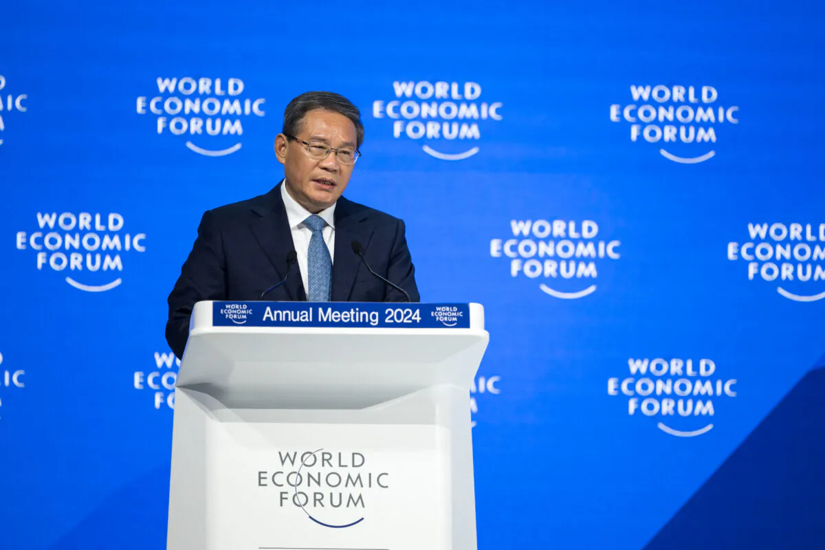 Chinese Premier Li Qiang adresses the assembly during the annual meeting of the World Economic Forum (WEF) in Davos on January 16, 2024. (Fabrice Coferini/ AFP via Getty Images)