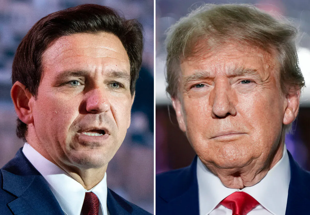 FILE - This combination of photos shows Republican presidential candidates Florida Gov. Ron DeSantis speaking at the Christians United For Israel (CUFI) Summit 2023 on July 17, 2023, in Arlington, Va., left, and former President Donald Trump speaking at Trump National Golf Club in Bedminster, N.J., June 13, 2023, right. (AP Photo, File)