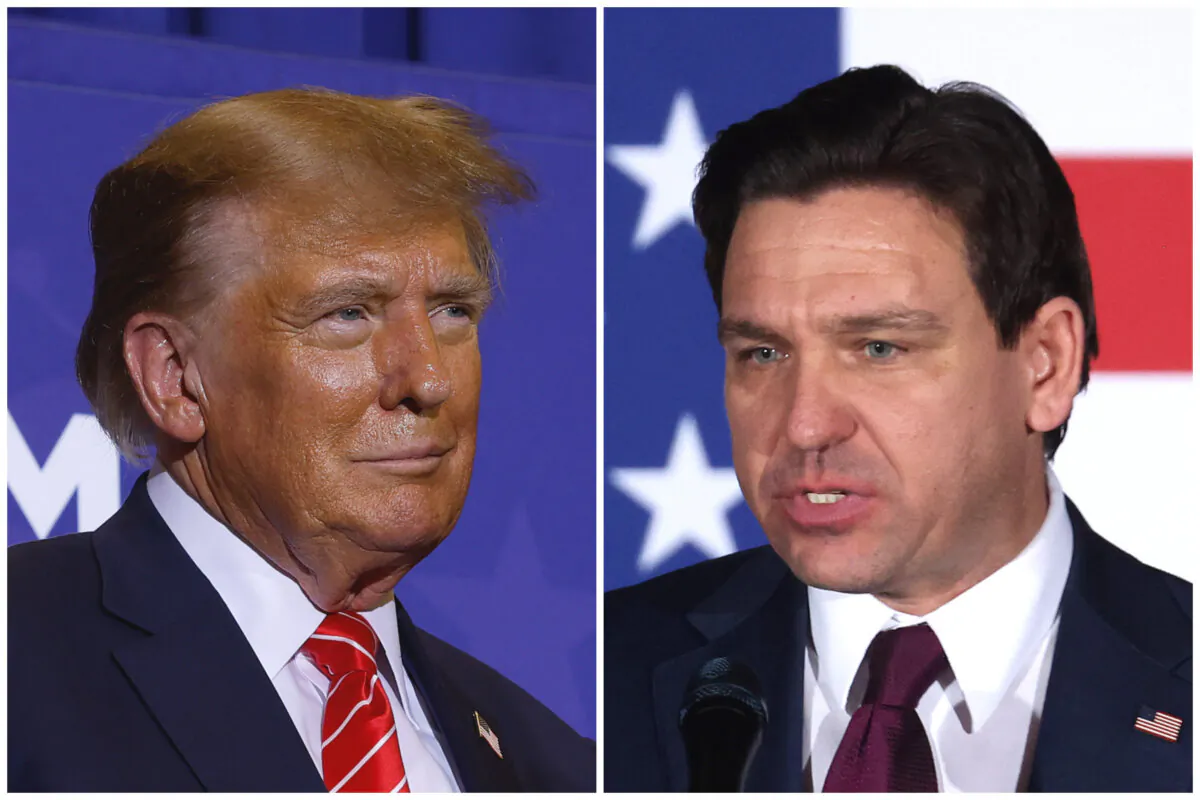 (Left) Republican presidential candidate and former President Donald Trump during a campaign rally at the Grappone Convention Center in Concord, N.H., on Jan. 19, 2024. (Chip Somodevilla/Getty Images); (Right) Republican presidential candidate Florida Gov. Ron DeSantis speaks at his caucus night event in West Des Moines, Iowa, on Jan. 15, 2024. (Scott Olson/Getty Images)