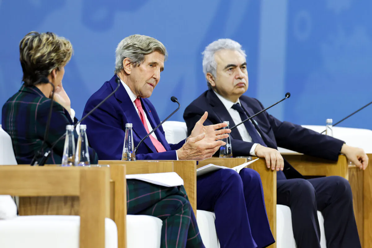 In this handout image suppled by COP28, (L-R) Becky Anderson, Managing Editor of CNN Abu Dhabi, John Kerry, U.S. Special Presidential Envoy for Climate, and Fatih Birol, executive director of the International Energy Agency (IEA) are seen onstage at the Health Day Opening Session at Al Waha Theatre during the U.N. Climate Change Conference COP28 at Expo City Dubai, in Dubai, UAE, on Dec. 3, 2023. (Mahmoud Khaled/COP28 via Getty Images)