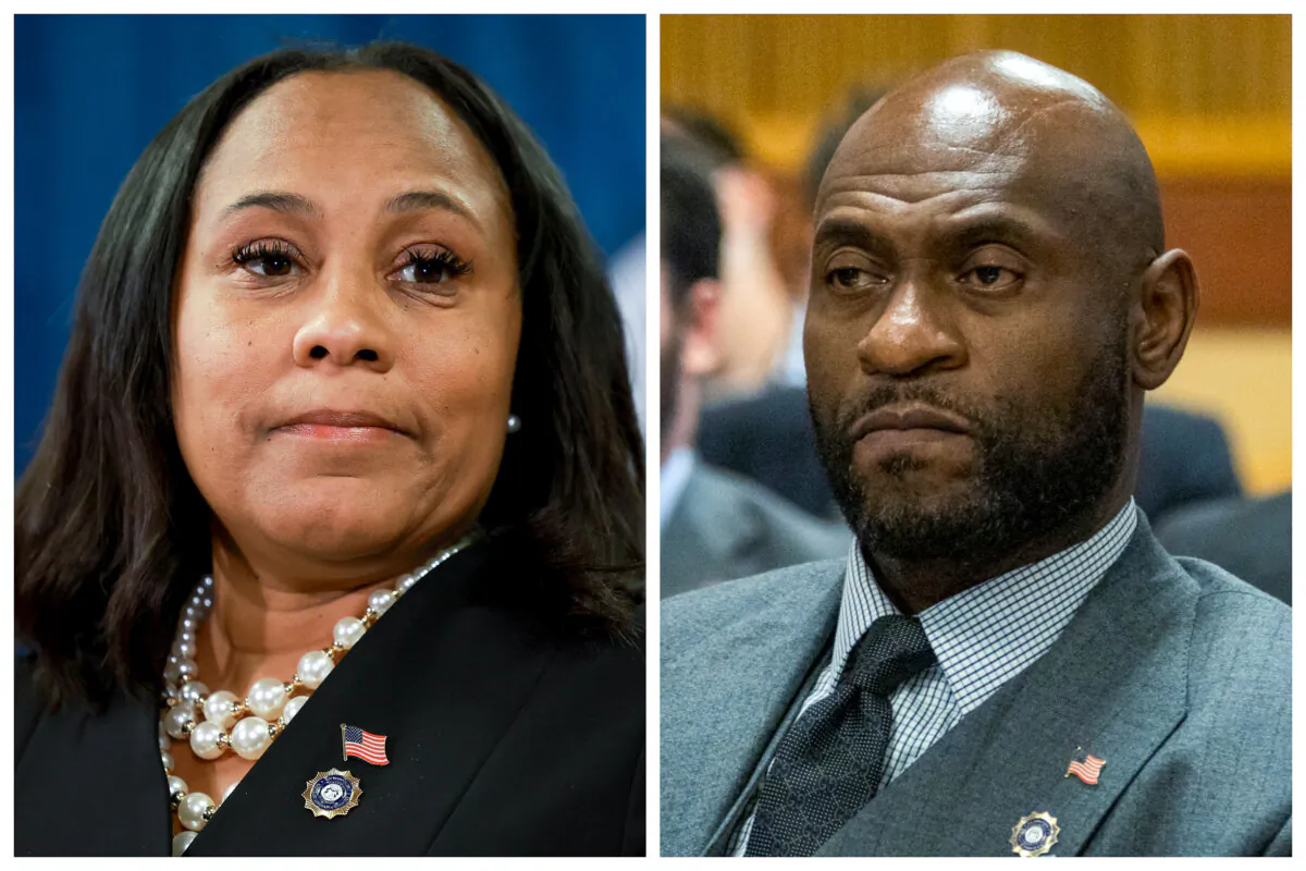 Fulton County District Attorney Fani Willis in Atlanta on Aug. 14, 2023; Fulton County District Attorney Special Prosecutor Nathan Wade at the Fulton County Courthouse in Atlanta on Oct. 20, 2023. (Joe Raedle; Alyssa Pointer/Getty Images)