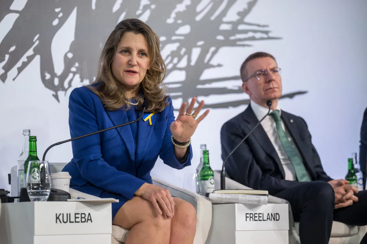 Canada's Minister of Finance Chrystia Freeland (L) and Latvia's President Edgars Rinkevics attend the Ukranian Breakfast on the sidelines of the World Economic Forum (WEF) meeting in Davos on Jan. 18, 2024. (Fabrice Coffrini/AFP via Getty Images)