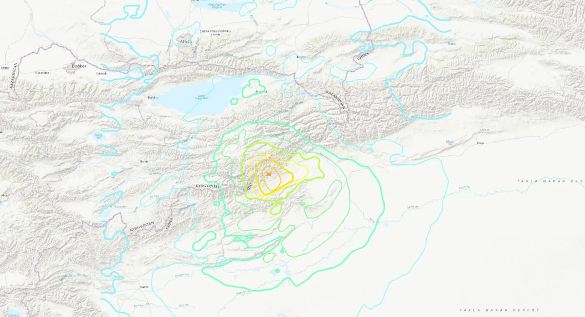 A map shows the location of a magnitude 7.0 earthquake that struck the Kyrgyzstan–Xinjiang border region on Jan. 22, 2024. (USGS)