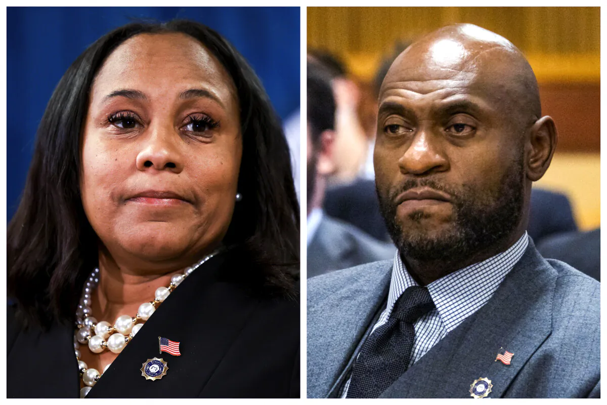 (Left) Fulton County District Attorney Fani Willis in Atlanta on Aug. 14, 2023; (Right) Fulton County District Attorney Special Prosecutor Nathan Wade at the Fulton County Courthouse in Atlanta on Oct. 20, 2023. (Joe Raedle; Alyssa Pointer/Getty Images)