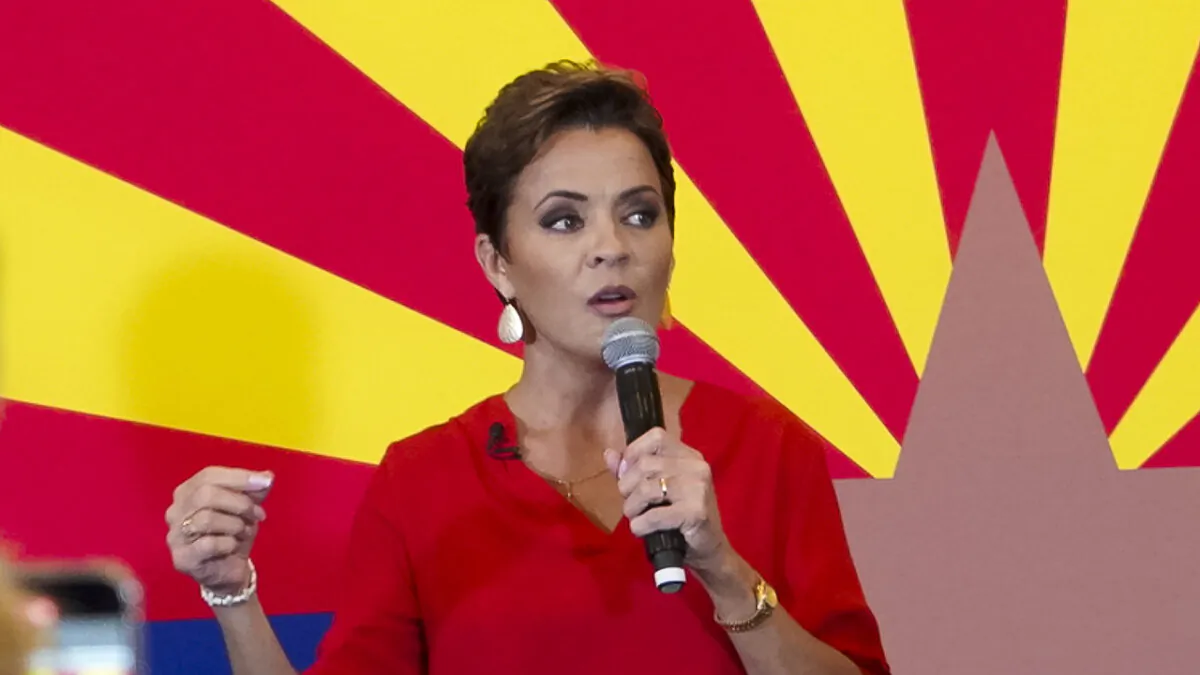 Arizona Republican U.S. Senate candidate Kari Lake speaks with supporters at a rally in Phoenix on Nov. 3, 2022. (Allan Stein/The Epoch Times)