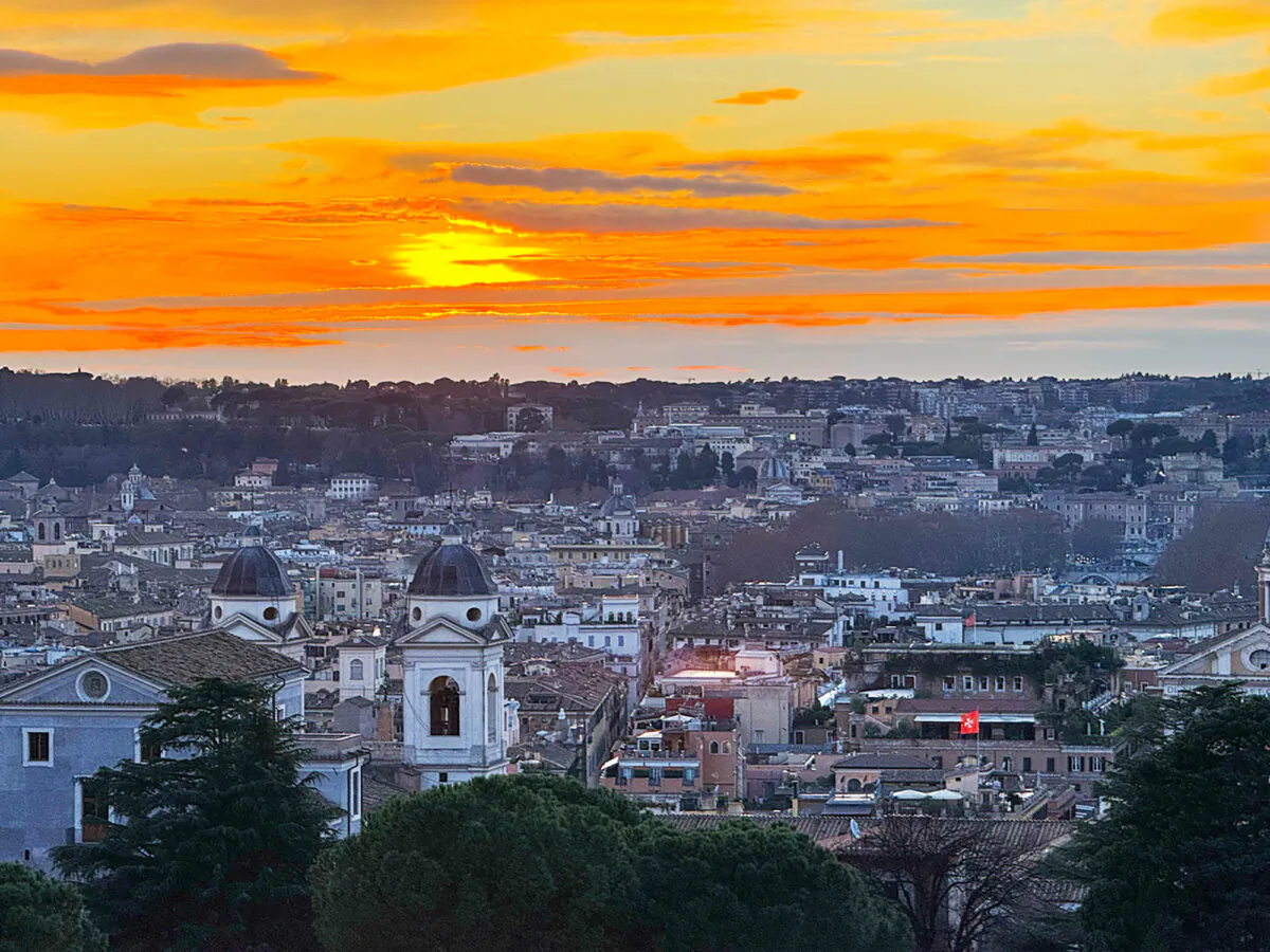 Sundown from Hotel Splendide to the Villa Borghese Gardens. The twin towers are part of a monastery, at left. (Alan Behr/TNS)