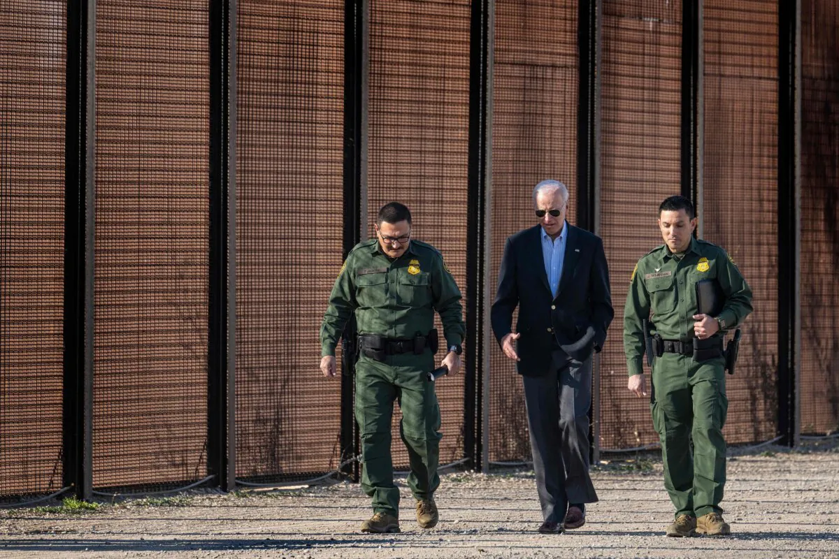 President Joe Biden speaks with U.S. Customs and Border Protection officers as he visits the U.S.-Mexico border in El Paso, Texas, on Jan. 8, 2023. (Jim Watson/AFP via Getty Images)