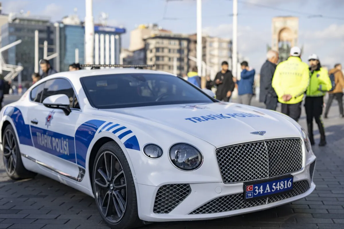 A converted Bentley Continental GT police vehicle on display at Hagia Sophia Square in Istanbul on Dec. 27, 2023. (Yasin Akgul/AFP via Getty Images)