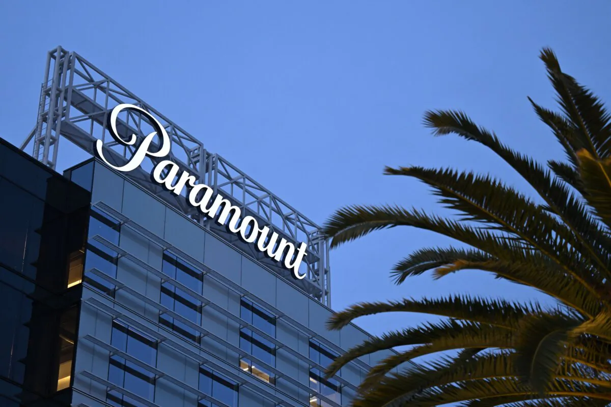 The Paramount logo is displayed at Columbia Square along Sunset Blvd. in Hollywood, Calif., on March 9, 2023. (Patrick T. Fallon/AFP via Getty Images)