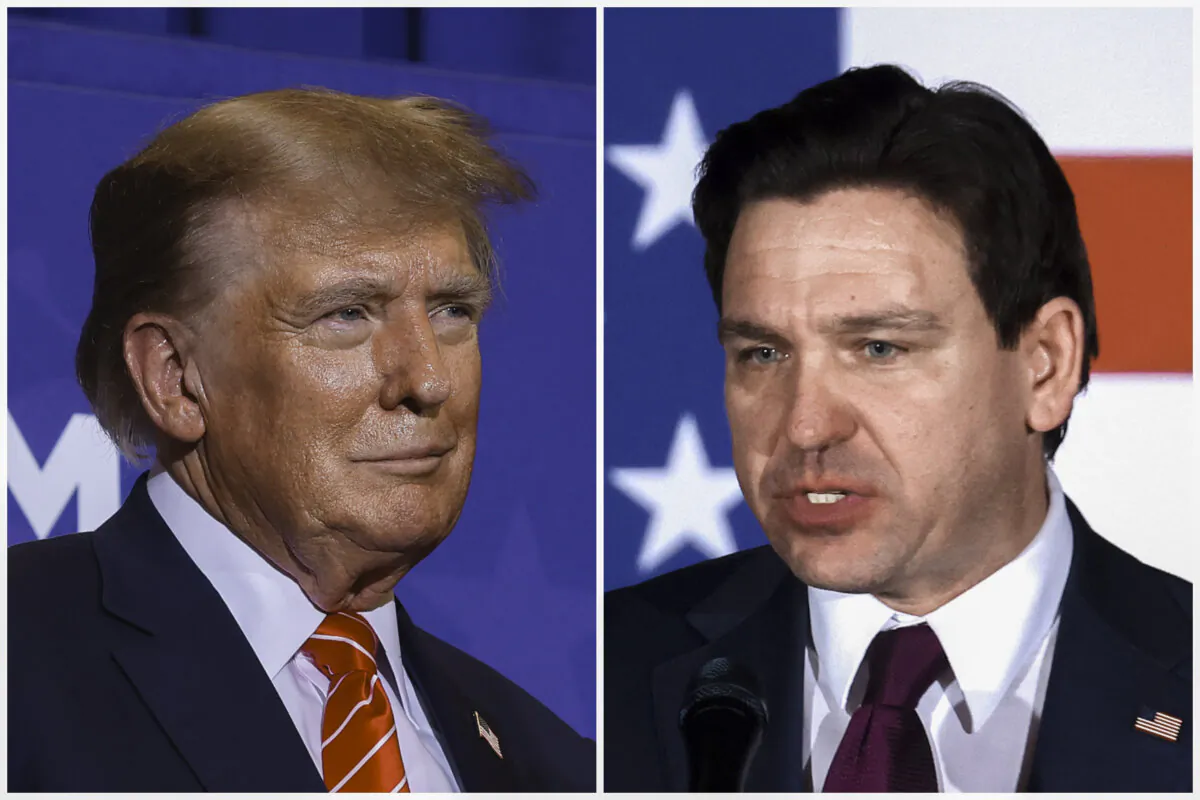 (Left) Republican presidential candidate and former President Donald Trump during a campaign rally at the Grappone Convention Center in Concord, N.H., on Jan. 19, 2024. (Chip Somodevilla/Getty Images); (Right) Republican presidential candidate Florida Gov. Ron DeSantis speaks at his caucus night event in West Des Moines, Iowa, on Jan. 15, 2024. (Scott Olson/Getty Images)