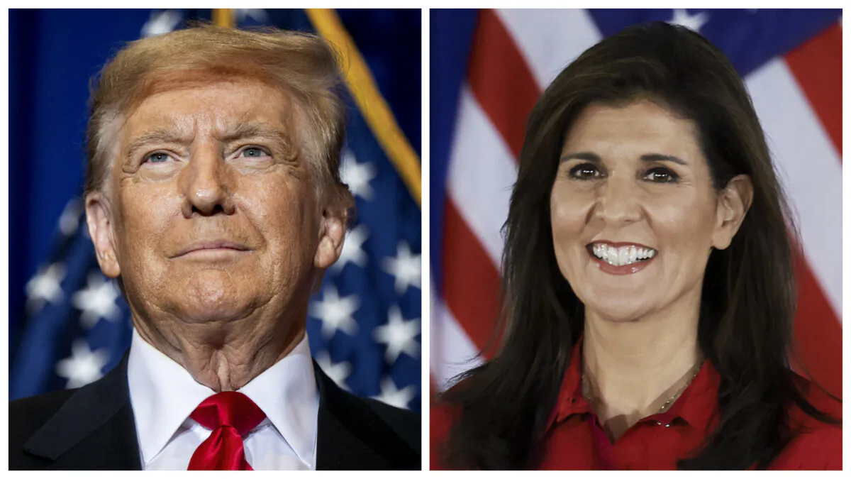 (Left) Former President Donald Trump in Atkinson, N.H., on Jan. 16, 2024; (Right) Former U.N. ambassador Nikki Haley in West Des Moines, Iowa, on Jan. 15, 2024. (Brandon Bell; Joe Raedle/Getty Images)