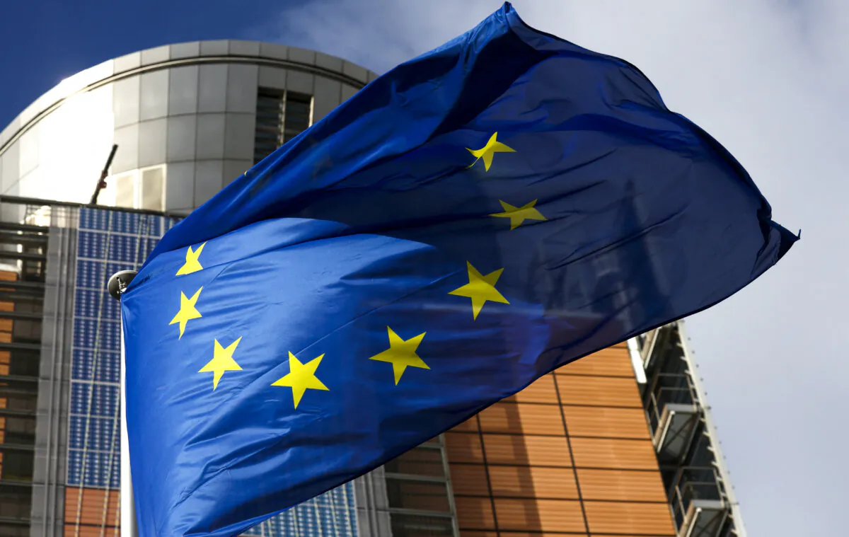 A European Union flag flutters outside the EU Commission headquarters in Brussels on Feb. 1, 2023. (Yves Herman/Reuters)