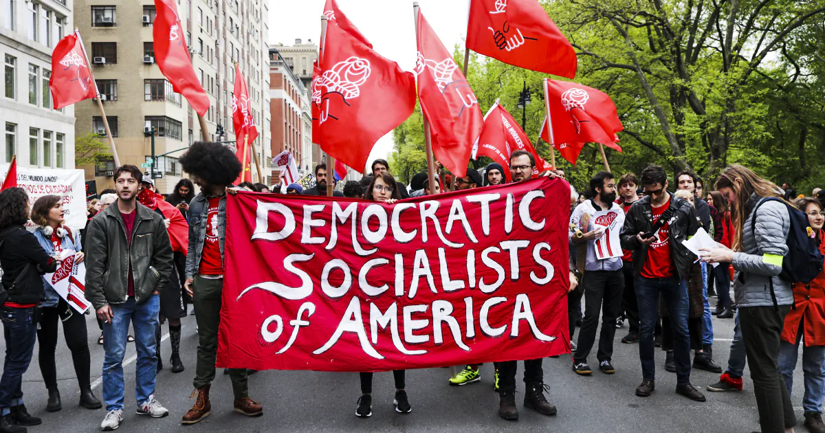Members of the Democratic Socialists of America gather outside of a Trump owned building on May Day in New York City, N.Y., on May 1, 2019. (Spencer Platt/Getty Images)