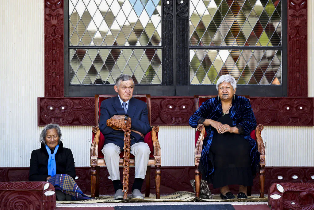 The Maori King Tūheitia Paki (L) and Makau Ariki (R) during the Powhiri welcome for both the Moana Pasifika and the Maori All Blacks at Turangawaewae Marae in Hamilton, New Zealand, on Dec. 3, 2020. (Phil Walter/Getty Images)